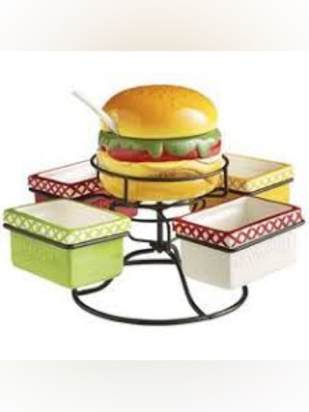 Pier 1 multi-Compartment Condiment Server with Burger Centerpiece Ceramic